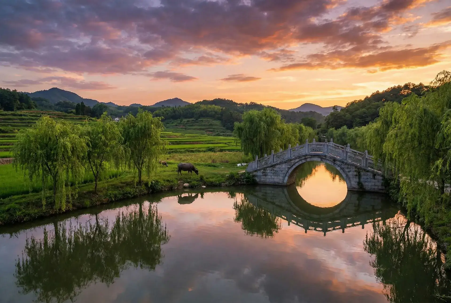 夕阳下的石拱桥与垂柳，水牛在河边吃草 - 行程码打不开 乡村美景